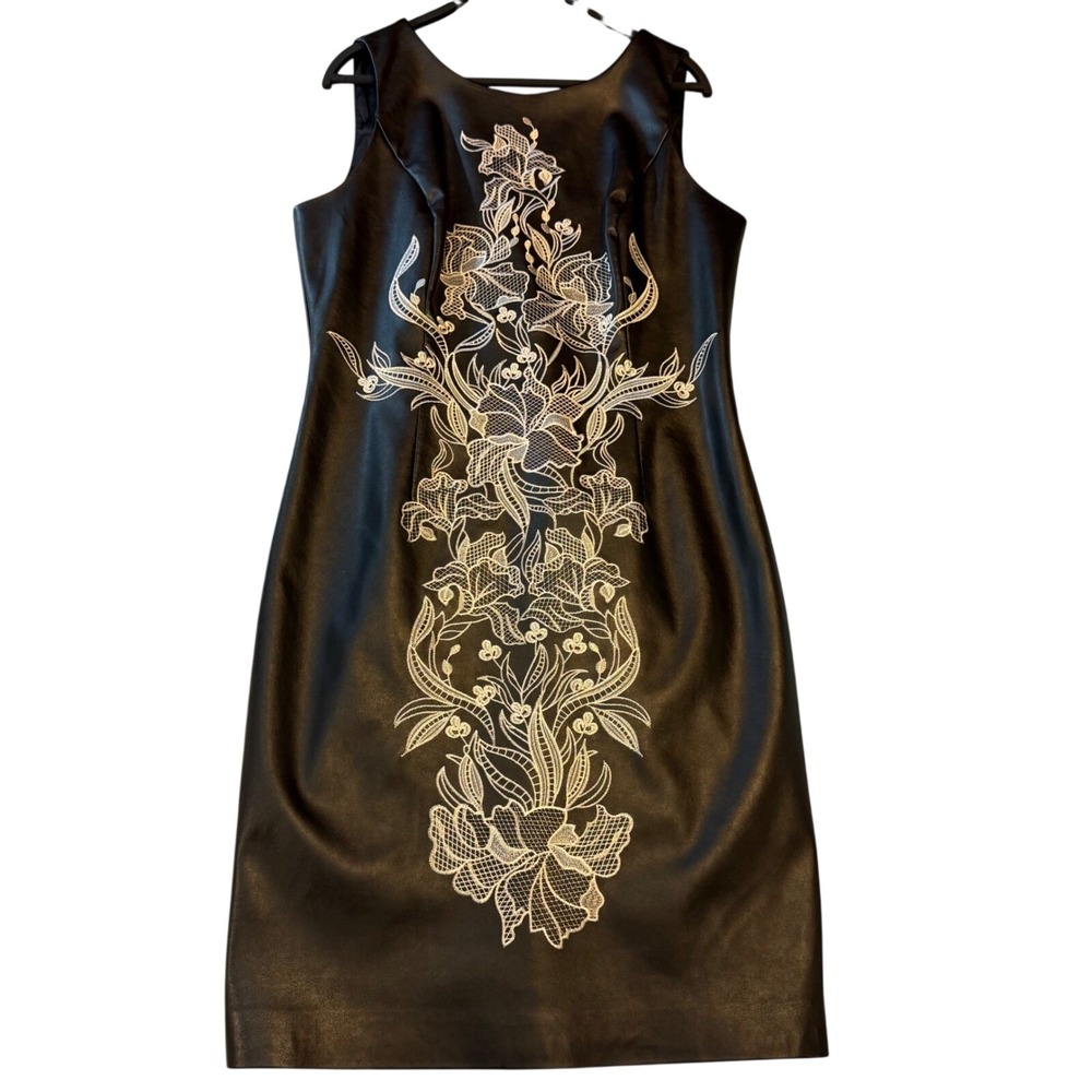 White House Black Market Faux Leather Floral‎ Applique Sheath Dress Black 6 NWT